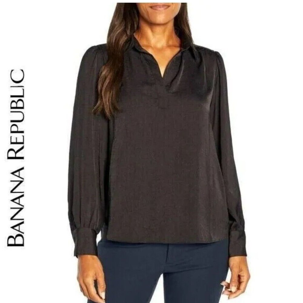 NWT Banana Republic Women's Long Sleeve V Neck Blouse Black Size S $65 8D151